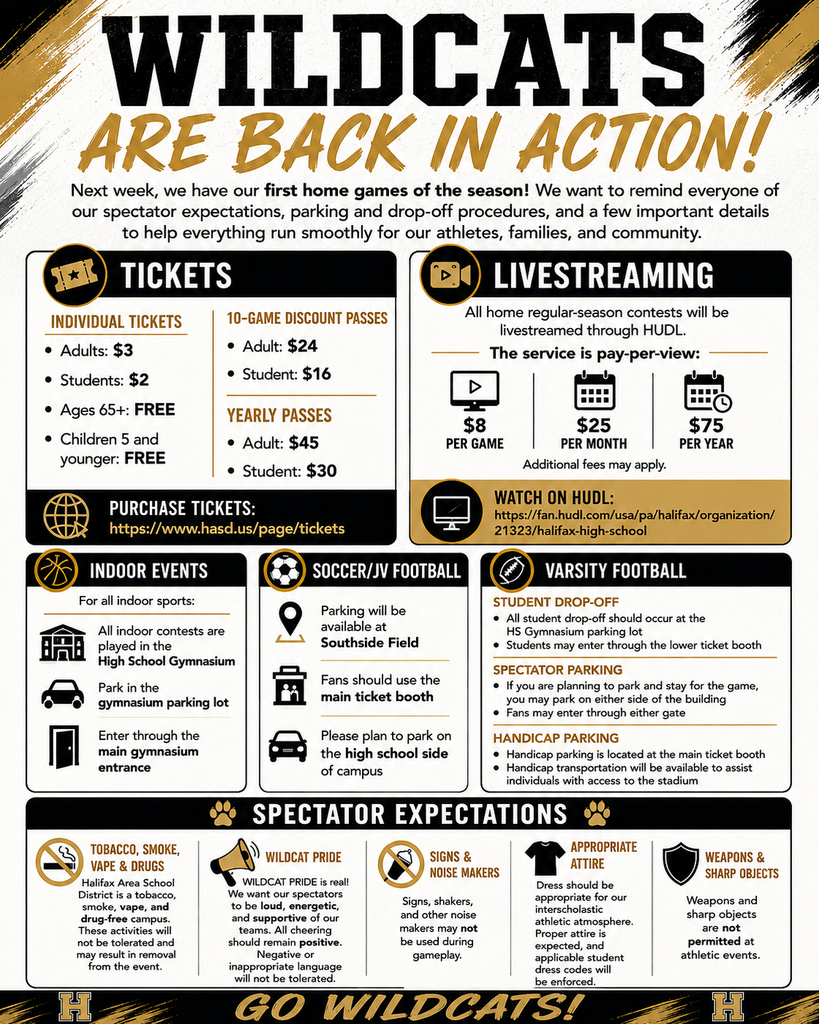 Visual of event flyer. Heading reads "Wildcats are Back in Action!" Below are sections for tickets, live streaming, and spectator expectations.