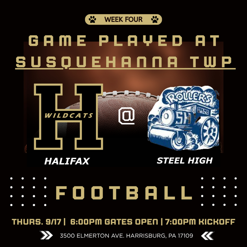 A black background features the teams for a football game. Wildcats logo and Steel High logo are displayed.