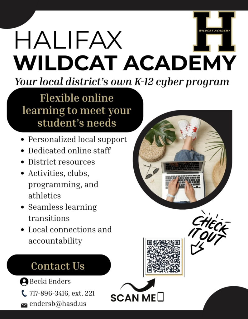 An advertisement for Halifax Wildcat Academy displays its online K-12 cyber program. It features benefits like personalized support, local staff, and a QR code for more information.