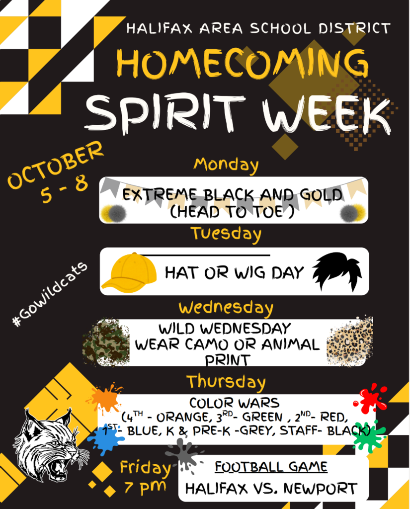 Black, white, yellow, red, and green poster for Homecoming Spirit Week. Each day has a different theme.