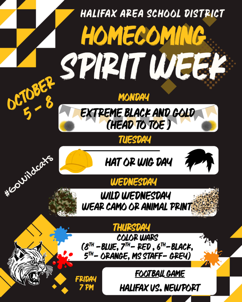 Poster for Homecoming Spirit Week with a black background and a paw print logo. Event dates are October 5–8.