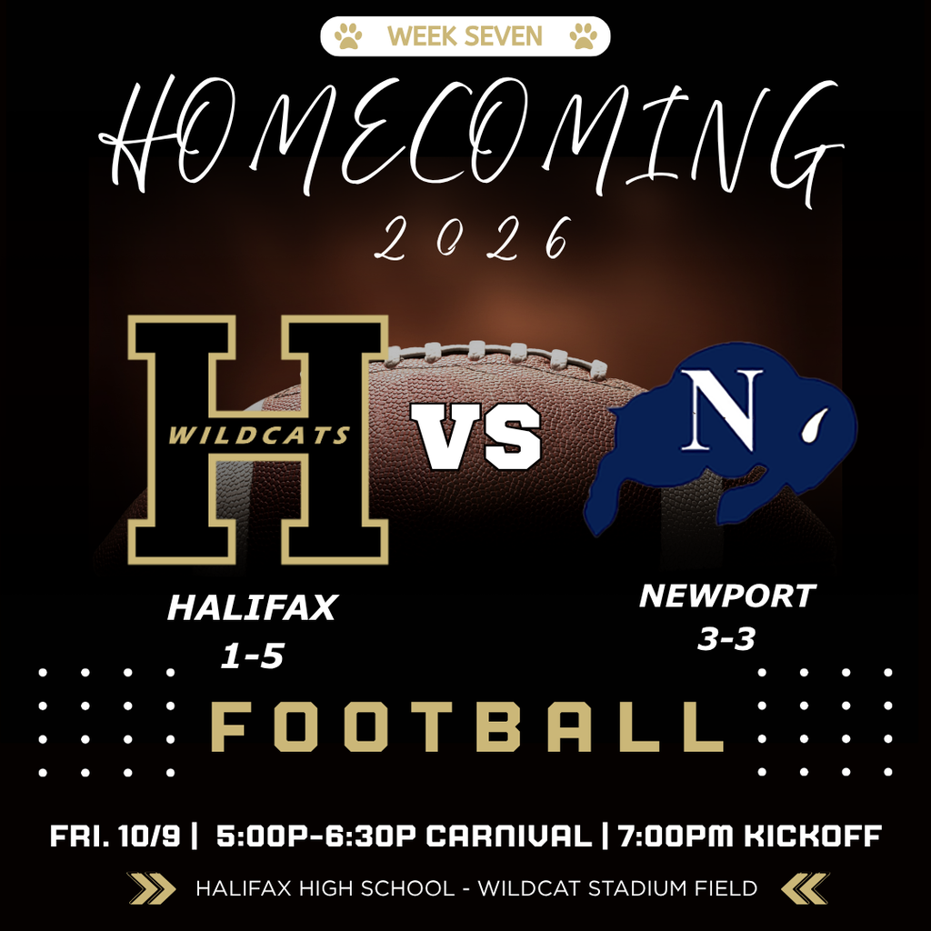 A black and gold football poster for homecoming 2026. It features Wildcats vs. Newport with scores.