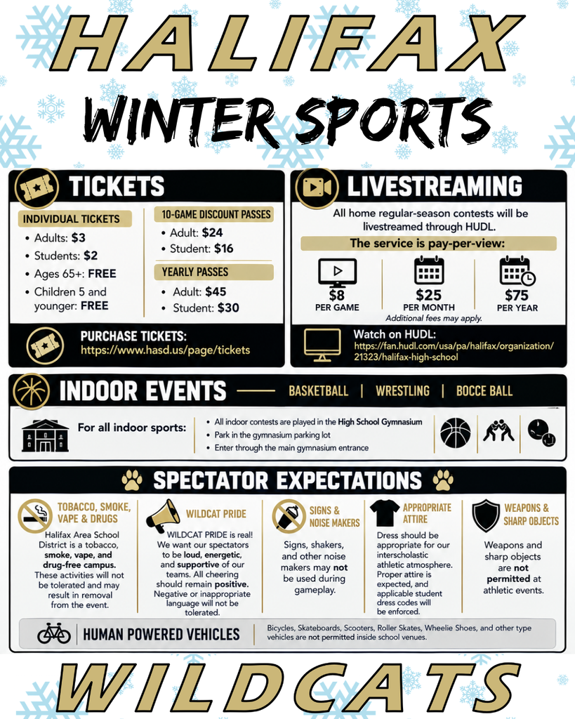 A flyer displays information about winter sports at Halifax, including ticket prices, livestreaming details, and spectator guidelines.