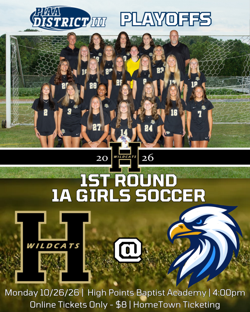 Girls Soccer 1A DIstrict III Playoffs. Monday October 26, 2026 4:00pm at High Point Baptist Academy. Team photo with team mascot logos.