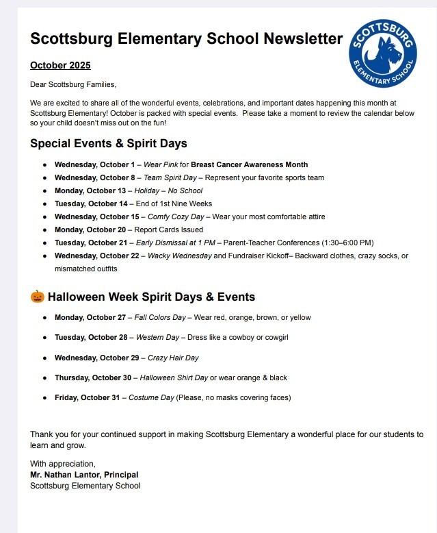 October 2025 Newsletter - Scottsburg Elementary