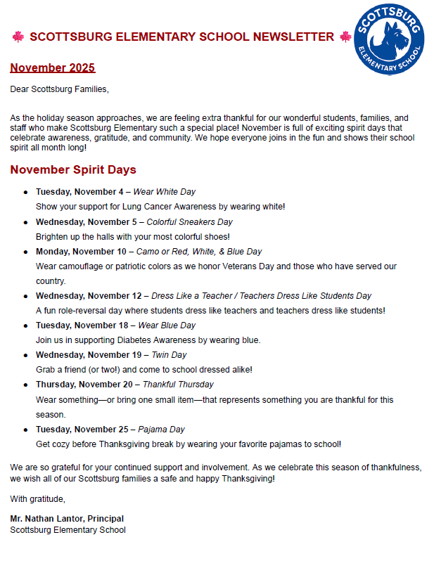 Scottsburg Elementary Newsletter: November 2025
