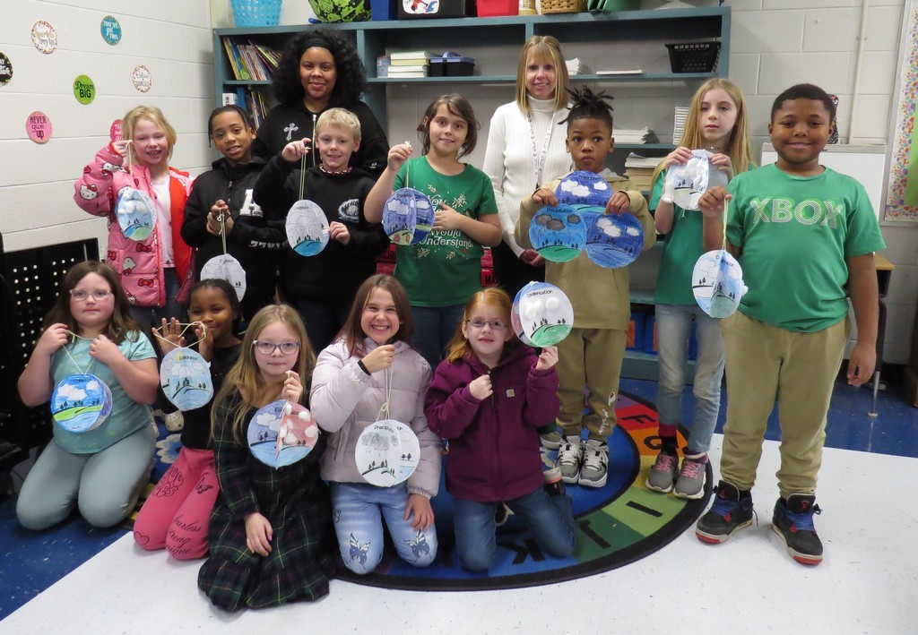 At Scottsburg Elementary, students create three-dimensional mobiles that displayed the parts of the water cycle.