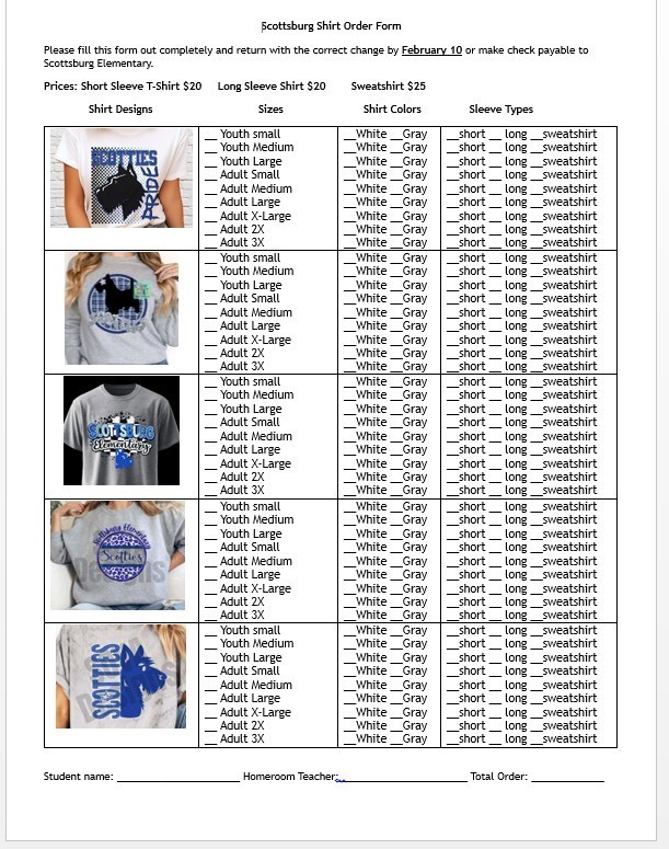 Scottsburg Elementary Shirt Order Form