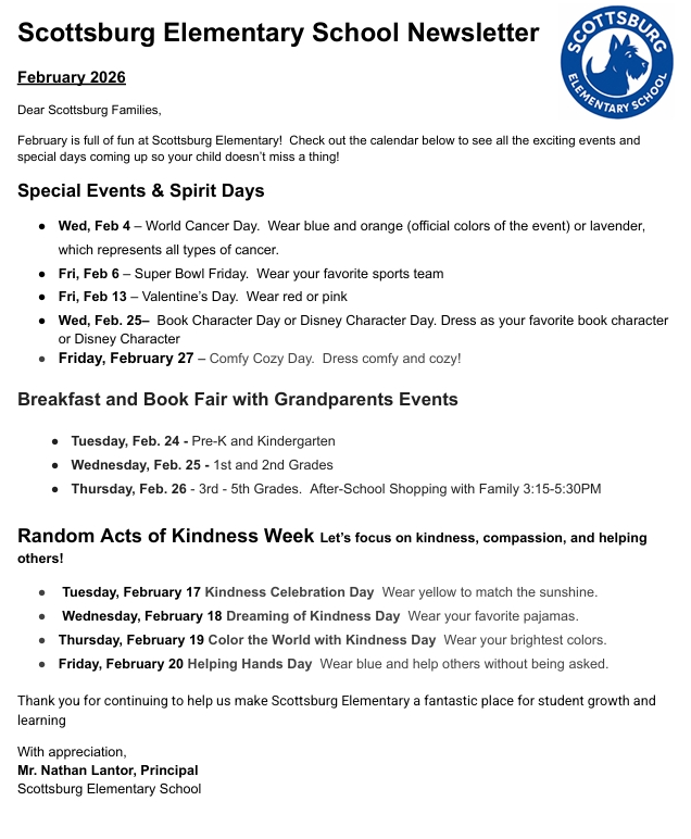 Scottsburg Elementary:  February 2026 Newsletter