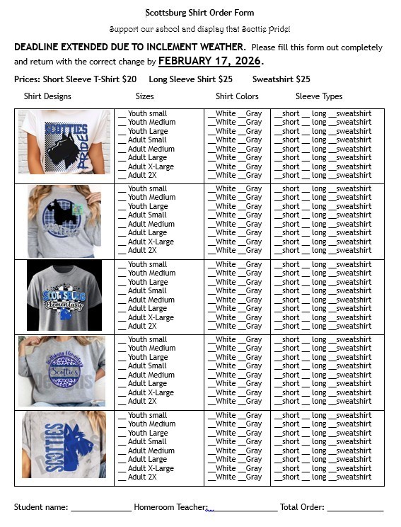 Scottsburg Elementary Shirt Order Form - Extended Deadline February 27, 2026 
