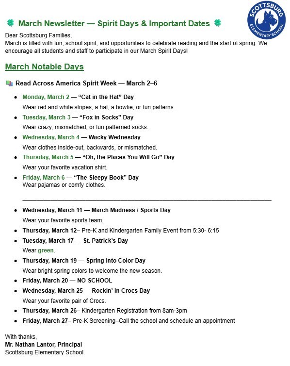 Scottsburg Elementary - March 2026 Newsletter