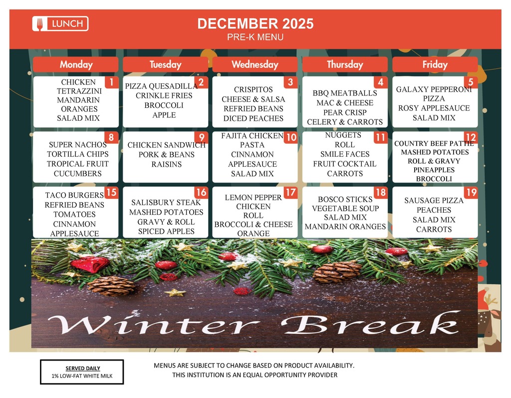 Preschool Lunch Menu