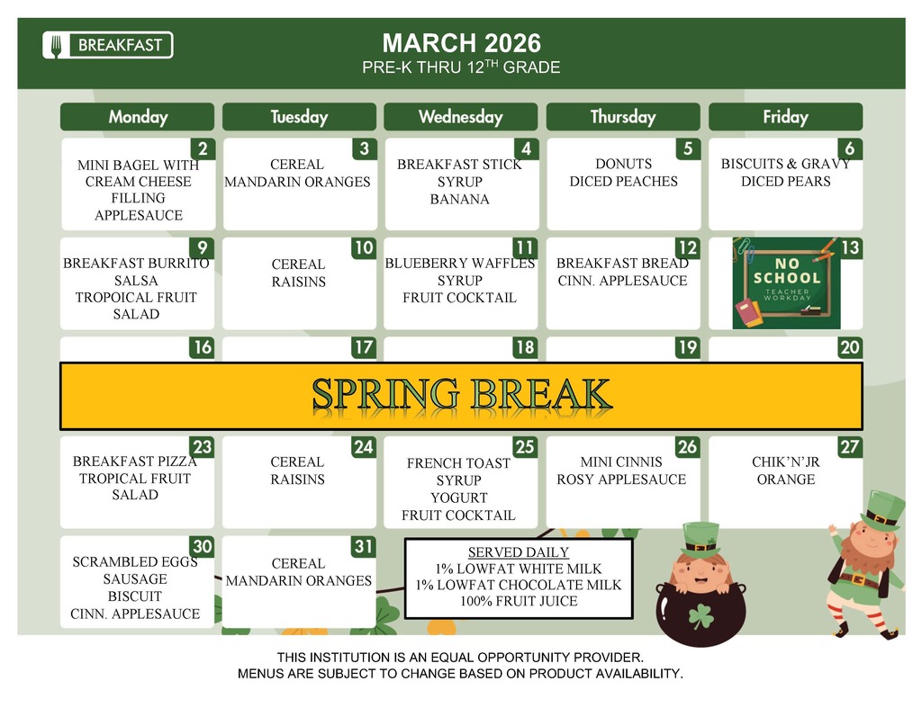 March PREK-12TH GRADE BREAKFAST