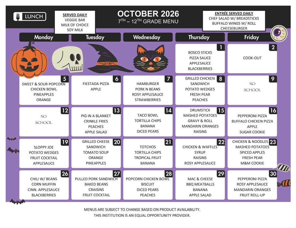 October Lunch Menu
