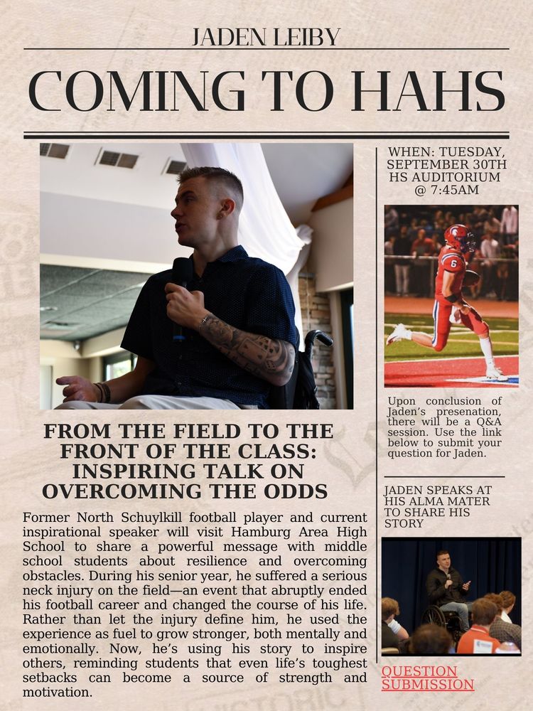 The image announces the speaker coming to the high school on Tuesday, September 30th at 7:45 AM named Jaden Leiby.