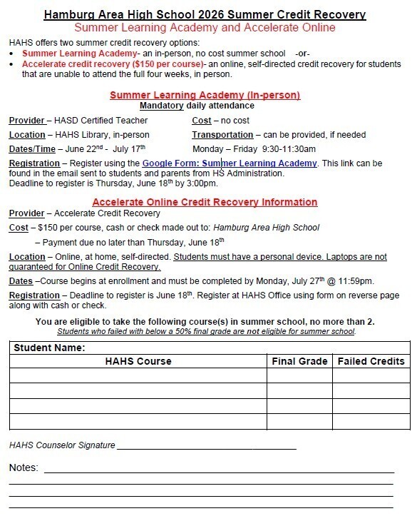 Summer School Information letter