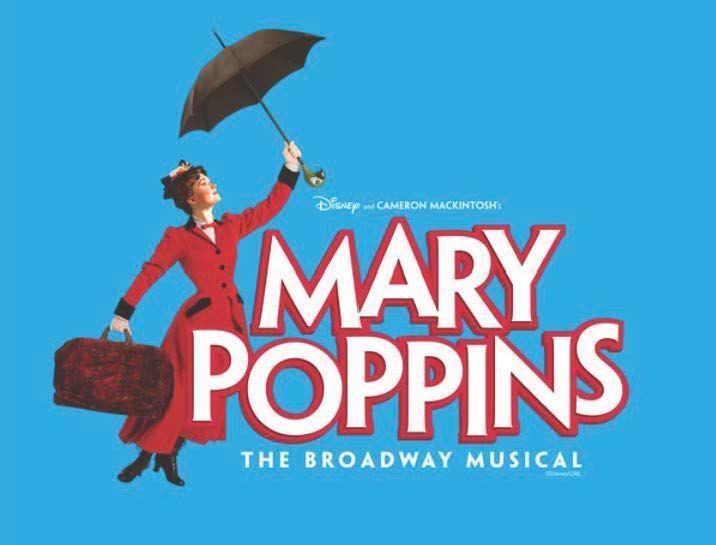 Disney's Mary Poppins - The Broadway Musical poster, featuring a formally dressed Mary Poppins carrying a bag, floating down with an umbrella.