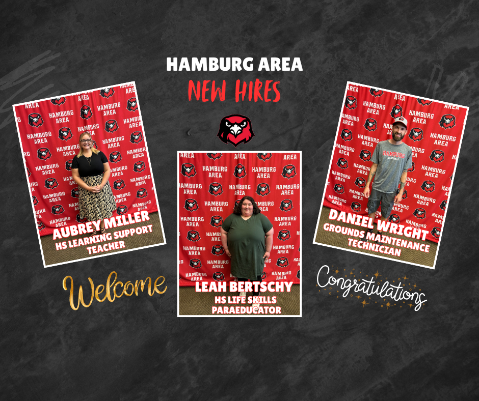 A picture showing new hires: Aubrey Miller as a HS Learning Support teacher, Leah Bertschy as a HS Life Skills paraeducator, and Daniel Wright as a grounds maintenance technician.