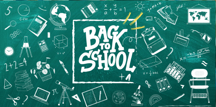 Green chalkboard with white writing saying back to school