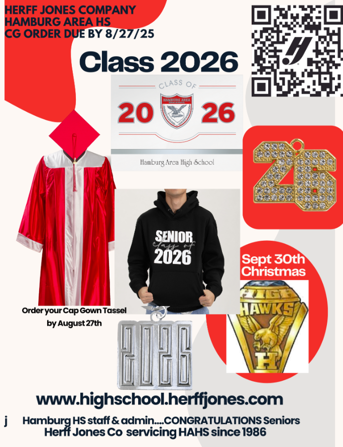 A flyer explaining that people should go to www.highschool.herffjones.com to order their senior's cap and gown. Use code: 2026Grad