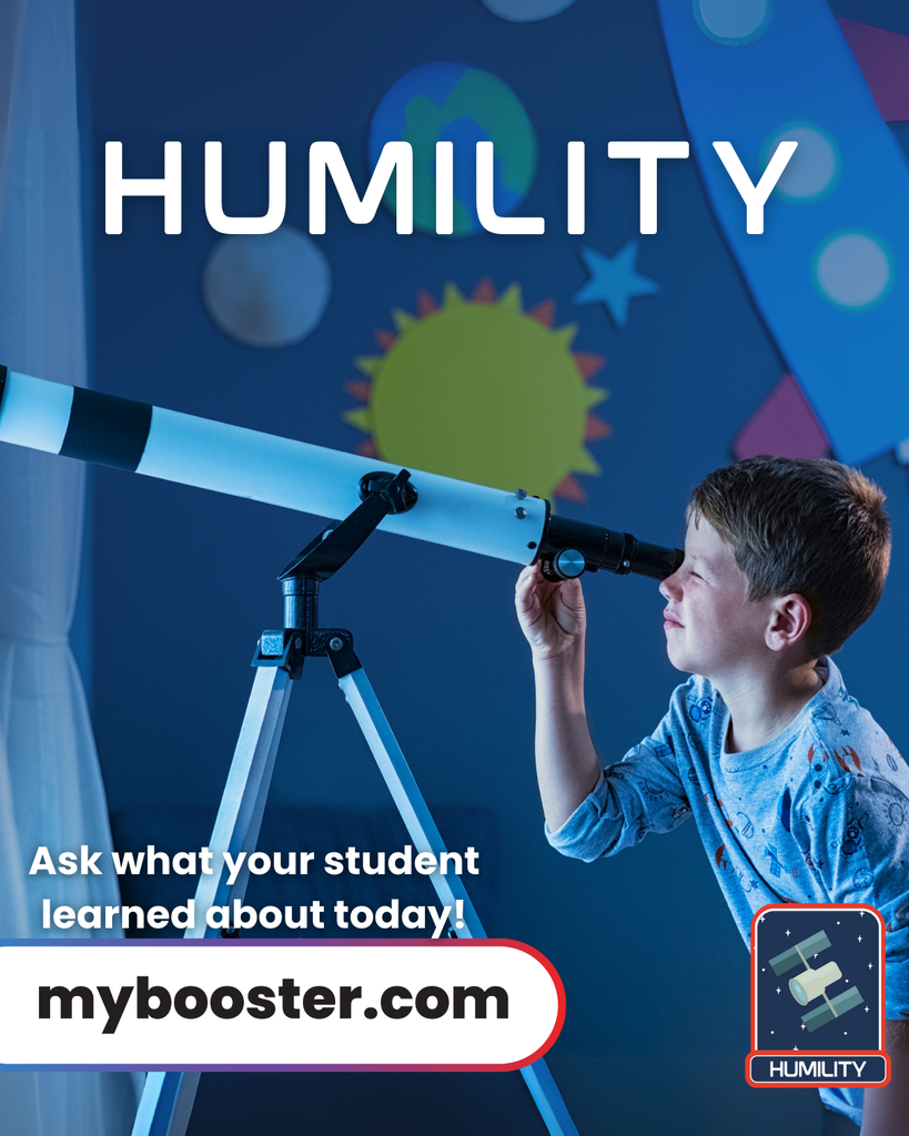 boy looking through a telescope, test says, "Humility"