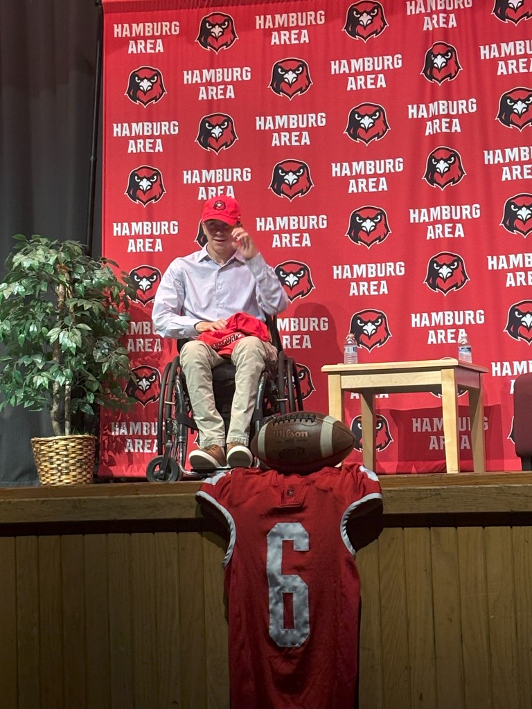 Images of Jaden Leiby who was a former football player and now inspirational speaker during and after his presentation for the Hamburg Area High School