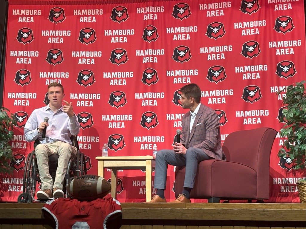 Images of Jaden Leiby who was a former football player and now inspirational speaker during and after his presentation for the Hamburg Area High School