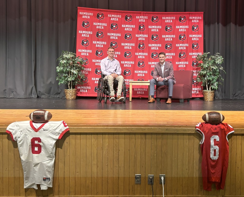 Images of Jaden Leiby who was a former football player and now inspirational speaker during and after his presentation for the Hamburg Area High School