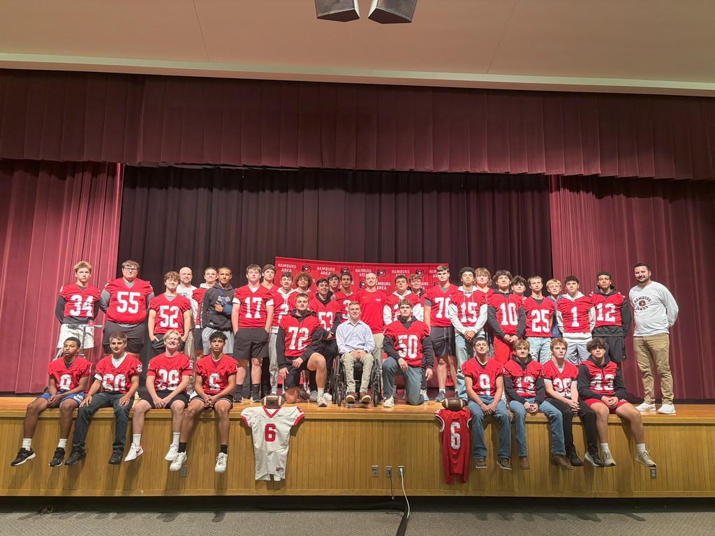 Images of Jaden Leiby who was a former football player and now inspirational speaker during and after his presentation for the Hamburg Area High School