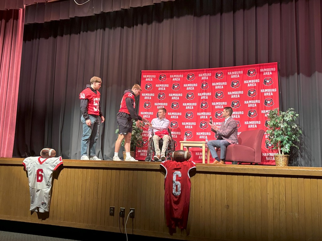 Images of Jaden Leiby who was a former football player and now inspirational speaker during and after his presentation for the Hamburg Area High School