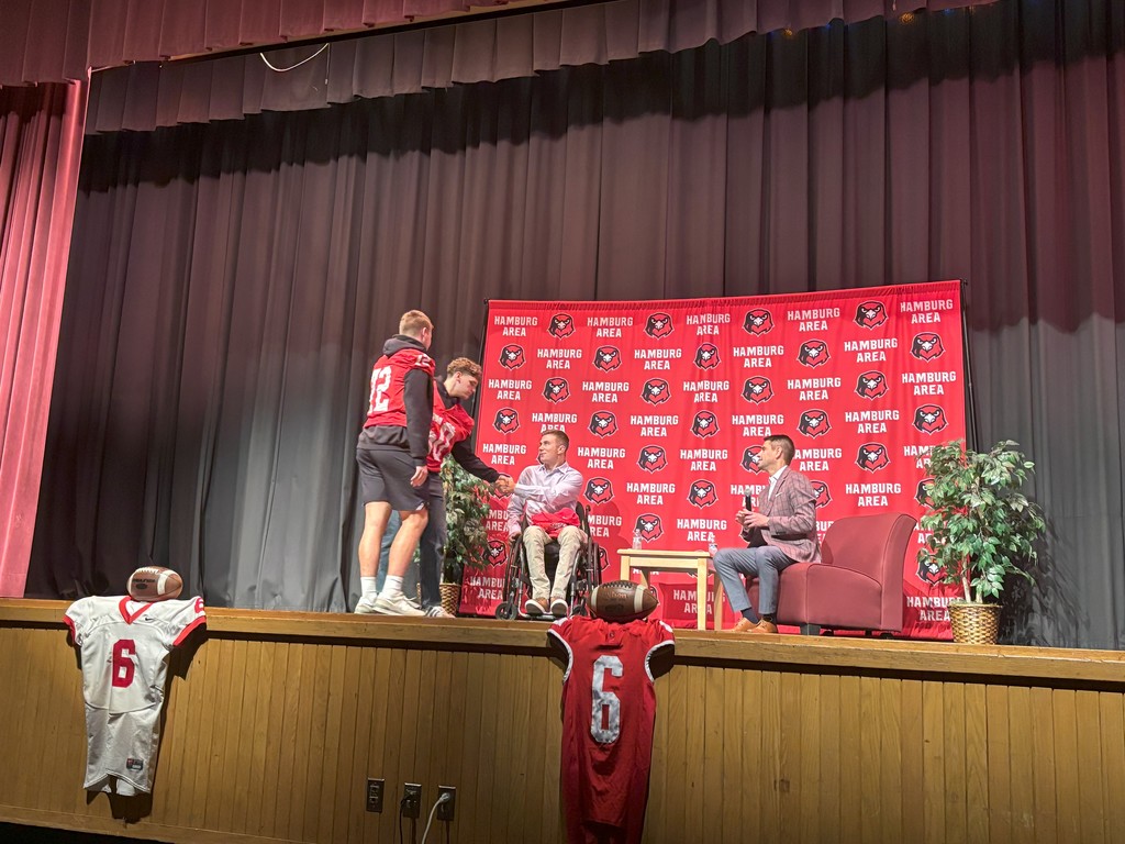 Images of Jaden Leiby who was a former football player and now inspirational speaker during and after his presentation for the Hamburg Area High School