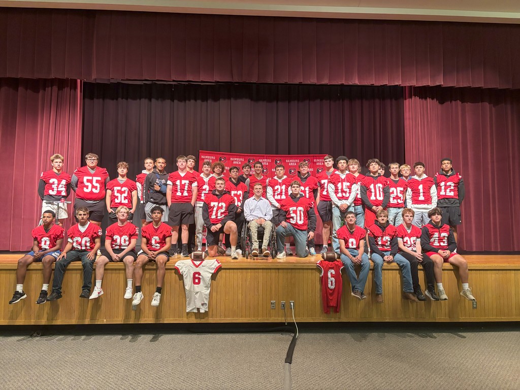 Images of Jaden Leiby who was a former football player and now inspirational speaker during and after his presentation for the Hamburg Area High School