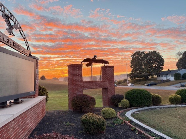 Image of Hamburg High School front H and hawk with sunrise in the background