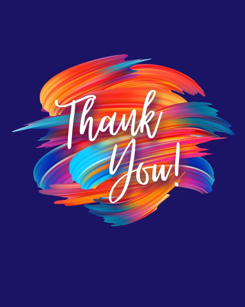 A blue background with a rainbow color pallet of paint with the words Thank You written in white. 