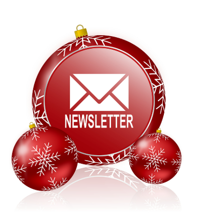 Holiday ornaments with an image of an envelope and the word newsletter