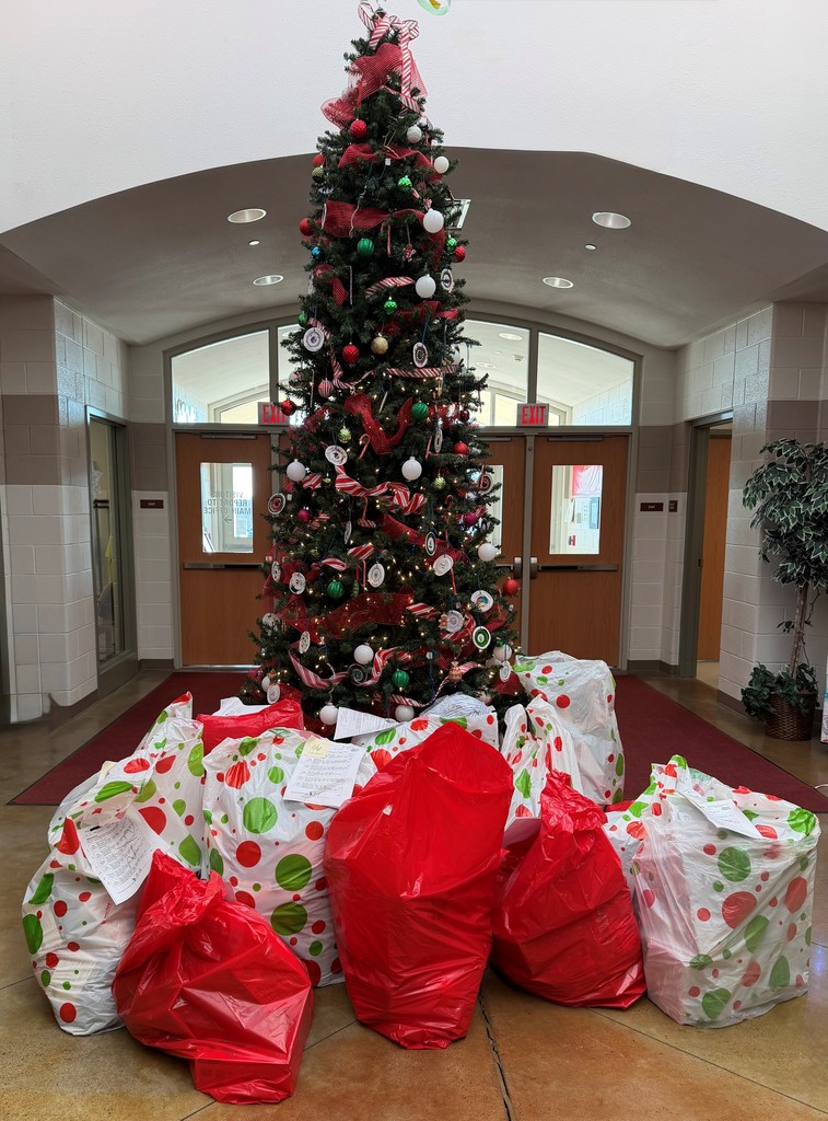A tall christmas tree, decorated for the holiday season, with large bags of gifts around it. The picture is from the lobby at Tilden elementary. 