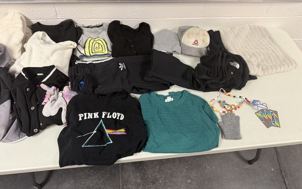 Various sweatshirts,hats,pair of pants, a towel, a glove,misc. items