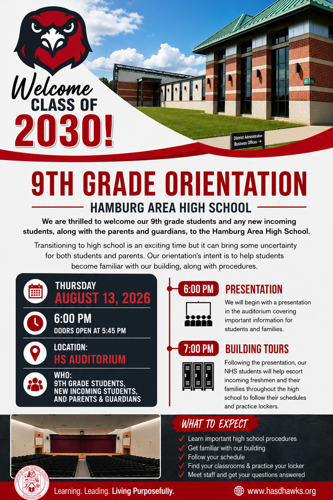 Flyer sharing that 9th grade orientation will be held on August 13th starting at 6:00 p.m. in the high school auditorium.