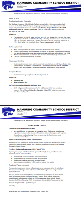 2026-2027 Back To School Parent Letter