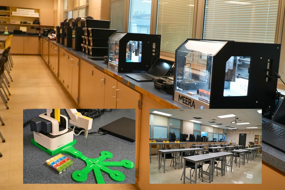 Photos of robotics and CNC machines in a classroom.