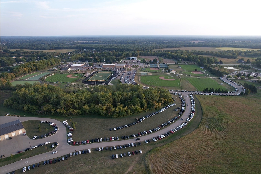 A drone photo of Hamilton Community Schools facilities, parking, etc.