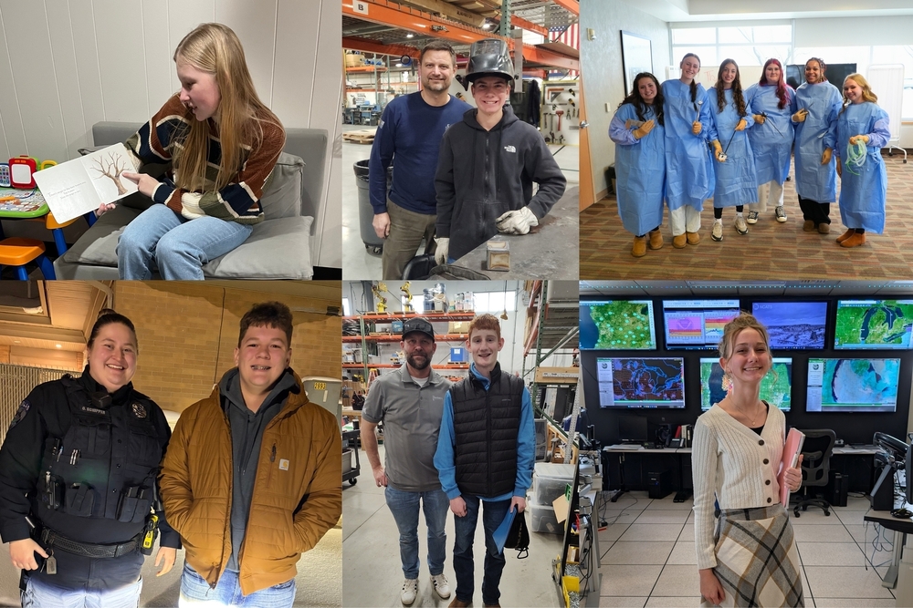 A collage of six photos with students smiling during job shadows.