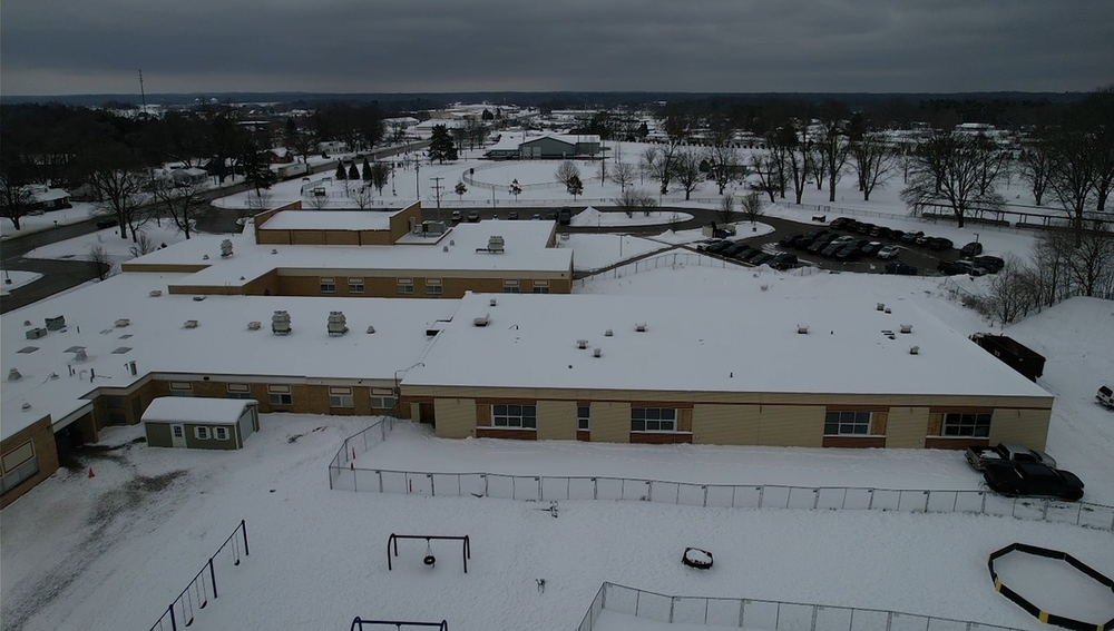A snowy new wing of Hamilton Elementary.