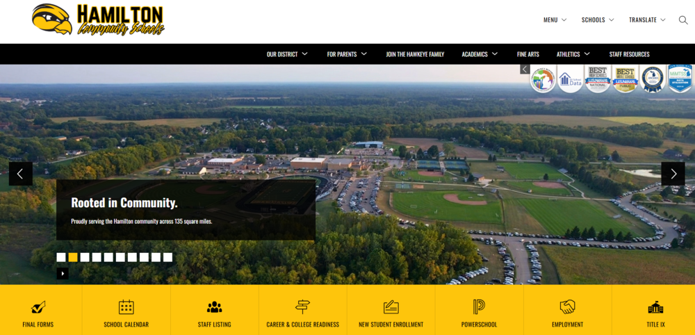 A screenshot of the Hamilton Community Schools website homepage.