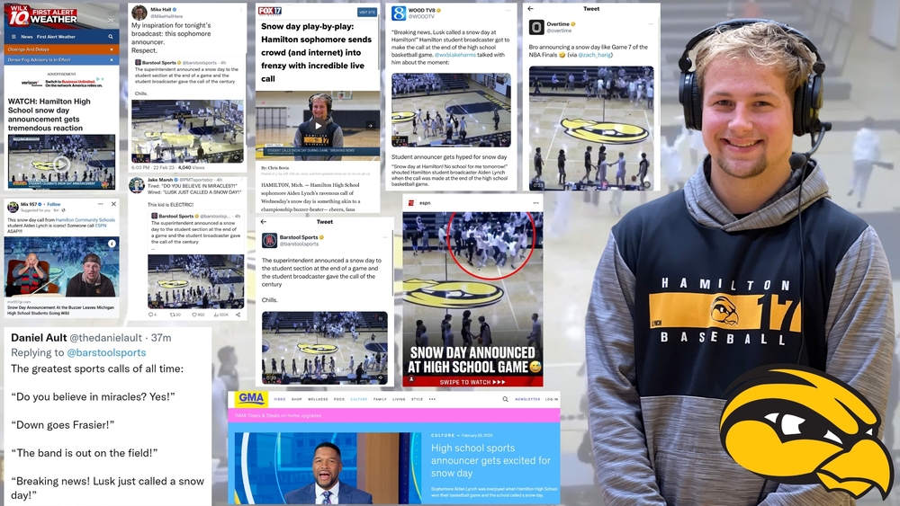 Aiden Lynch with a graphic of all of the viral media coverage Aiden Lynch received.