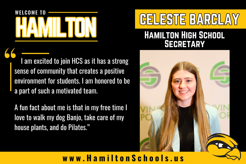 Introduction graphic of Celeste Barclay at Hamilton Community Schools, she smiles in a headshot.