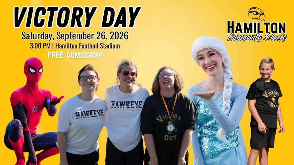 Victory Day graphic with Spiderman, Elsa, and athletes.