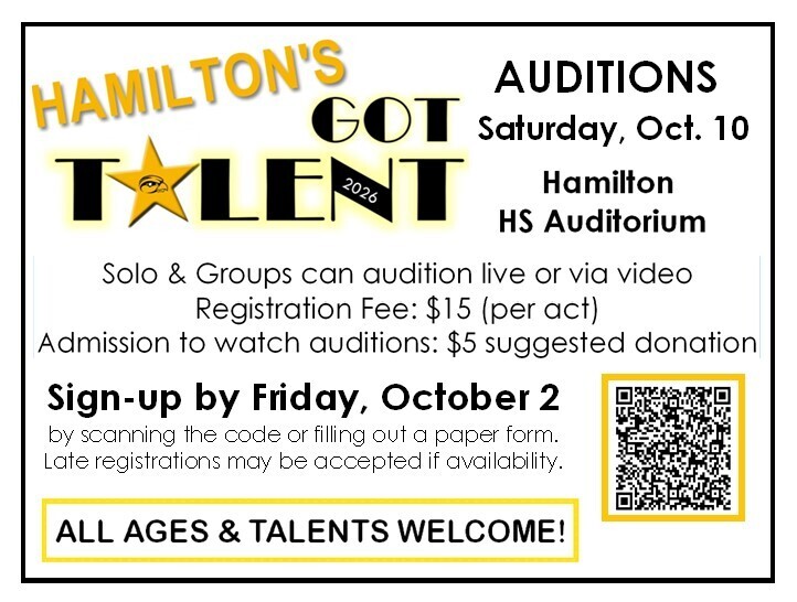 Hamilton's Got Talent Auditions postcard. Auditions are Saturday, October 10.