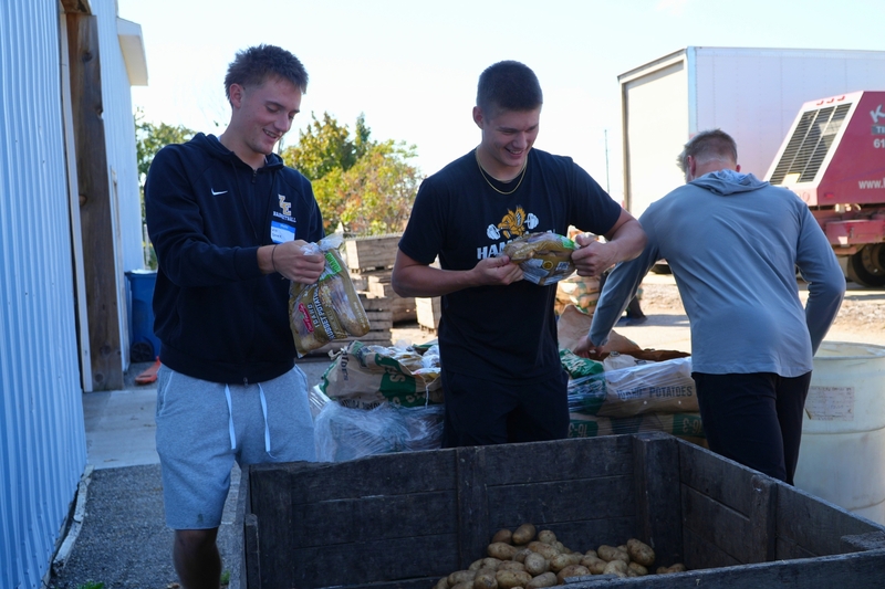 Two students helping place potatoes in a wooden crate.