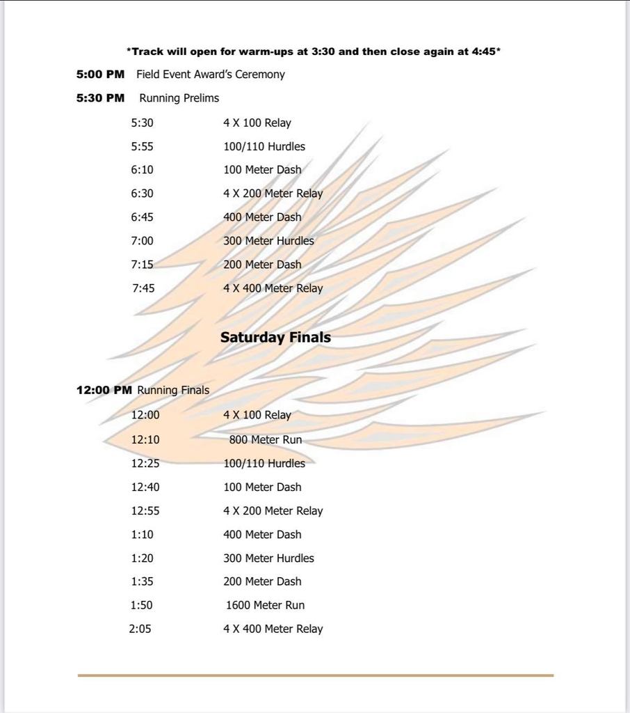 Saturday Regional Track Schedule